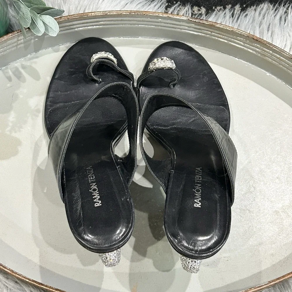 Ramon Tenza Black Heel W/Swarovski Crystal‎ Embellished Elephant Heel SZ 40 RARE